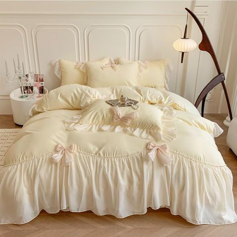 Parure de lit Chic en Dentelle pour Filles, Housse de Couette esthétique de Style Princesse française Romantique avec Joli nœud et Fermeture éclair, Jaune, lit Simple (1/5)