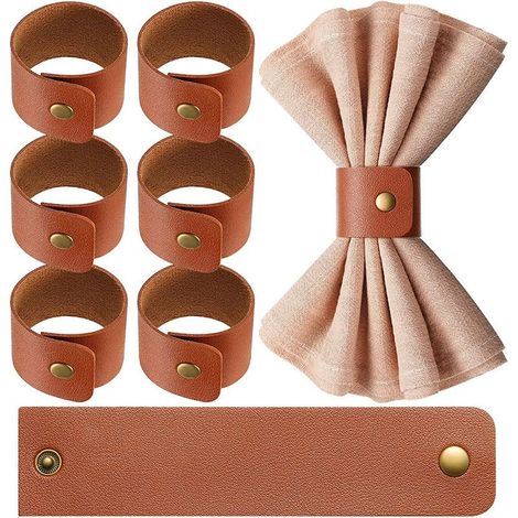 Lot de 8 Ronds de Serviette en Cuir Marron Rustique Rétro, Décoration de Table pour Mariage et Fête (1/5)
