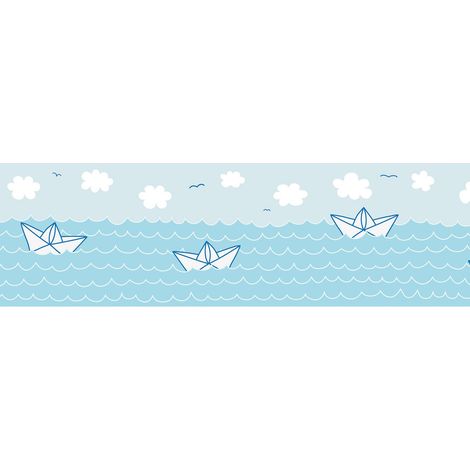 Kinder Tapete Profhome 403731 selbstklebende Bordüre leicht strukturiert im maritimen Design matt blau weiß 0,75 m2