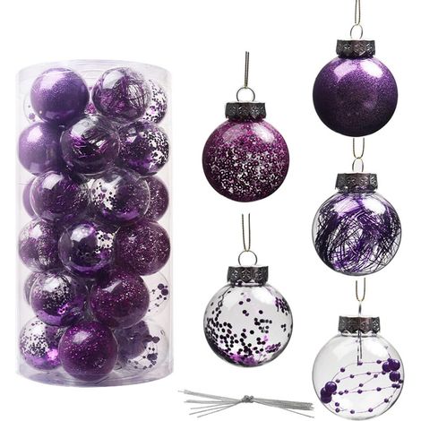 Décorations de Noël, 30 Pièces Boules de Noël Ornements en Verre Incassable Transparent Pailleté Violet, Suspensions pour Sapin, Déco Fête Xmas Cadeau (1/5)