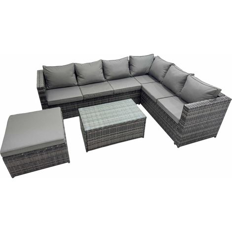 Fimous Outdoor PE Rattan Garden Furniture Sofa Set with Oblong Coffee Table Big Stool Dark Grey (1/5)