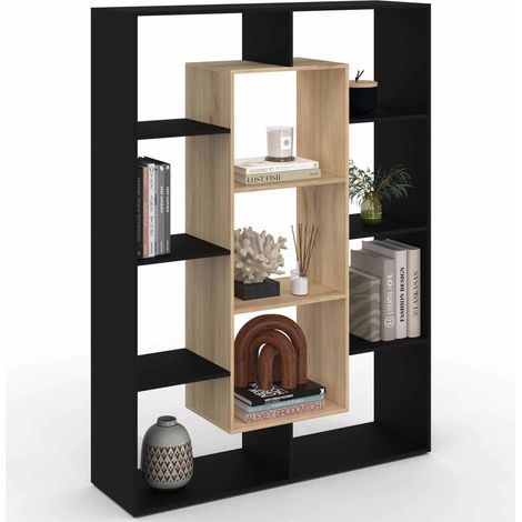 Idmarket – Bibliothèque COLETTE 11 compartiments – Dimensions 104 x 30 x 143 cm – Effet bois et noir – Panneaux de particules de bois (1/5)