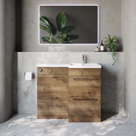 Napoli 390 Tobacco Oak 1000mm 2 Drawer Vanity Unit Toilet Suite with Right Hand Square Lucia Basin - 1000mm - Chrome 320mm HandleWithout Kingston Toilet Pan