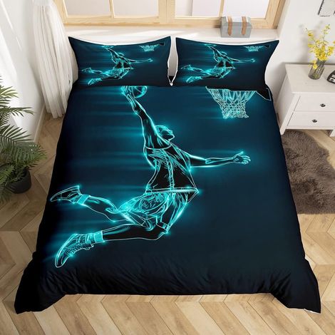 Parure de lit avec housse de couette 135 x 200 cm avec fermeture éclair - Motif basket-ball - Pour garçons, adolescents, amateurs de basket-ball (1/5)