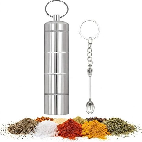 Beyamis Mini bouteille à épices portable en aluminium, boîte à sel et poivre étanche, bouteille de cuisine de voyage avec porte-clés, 25 x 116 mm, quatre compartiments (1/5)