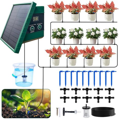 Système d'irrigation solaire, pour jardin, balcon, arrosage automatique des plantes, plantes en pot, pelouse, minuterie, arrosage avec tuyau goutte-à-goutte de 10 m, serre, accessoires (1/5)