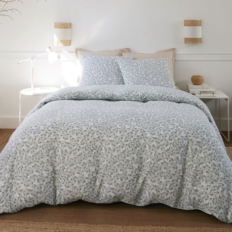 Parure housse de couette 240x220cm + 2 taies motif liberty céladon 100% gaze de coton - ELMA (1/4)