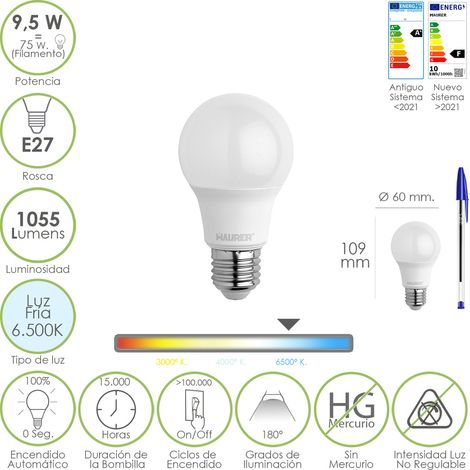 Bombilla Led Estandar Rosca E27. 9.5 Watt. Equivale A 75 Watt. 1055 Lumenes. Luz Fría (6500º K.)