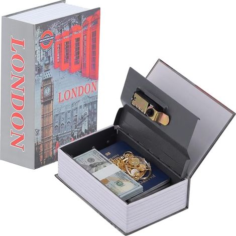 Coffre-fort Livre Pages Réelles Serrure Combinaison 18 x 12 x 5,5 cm Horloge Londres Livre Coffre-fort Métal Serrure Clé Argent Bijoux (1/5)