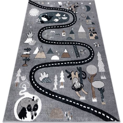 Teppich FUN Route für Kinder, Straße, Tiere grau grey 120x170 cm