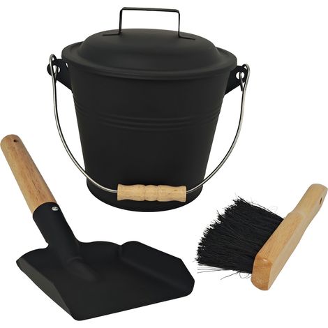 Relaxdays Ascheeimer mit Deckel, 4,5 Liter, inkl. Aschebesen & Kaminschaufel, Aschebehälter mit Henkel, schwarz/natur