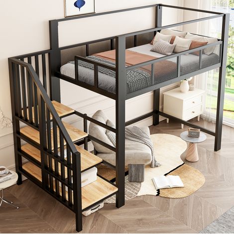 Hochbett 90x200 cm aus schwarzem Metall mit Treppe und Stauraum, ohne Matratze – MEUBLIV (1/5)