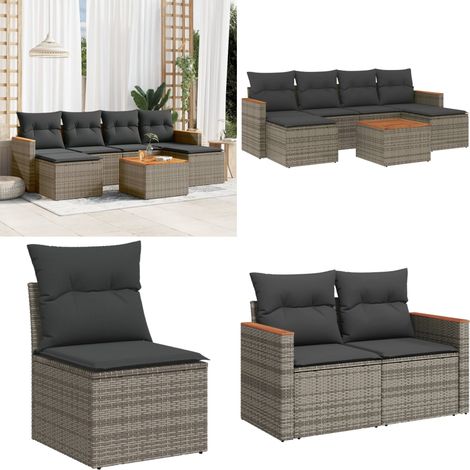 Salon de jardin avec coussins 7 pcs gris résine tressée - Ensemble Salon De Jardin - Mobilier De Jardin - Canapé Extérieur - Chaise Lounge - Table Basse Extérieure - Home & Living (1/5)