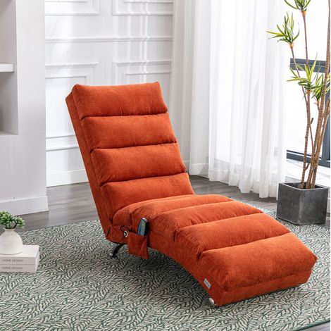 Chaise longue relax 55x148x84 cm orange en lin avec massage, dossier ergonomique et poche latérale (1/5)