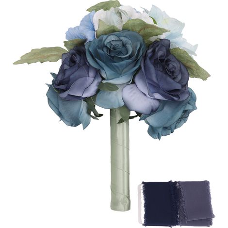 Braut- und Brautjungfernstrauß – Realistischer, 22 cm großer künstlicher Blumenstrauß für Zeremonie und Jahrestag – Blau und Weiß (1/5)