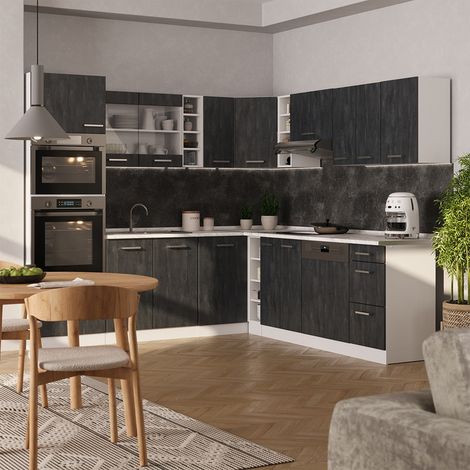 Eckküche R-Line, Schwarz Beton/Weiß, 247 x 237 cm AP Marmor, Vicco