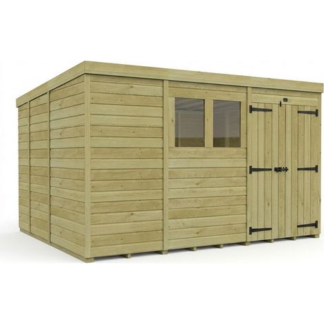 11ft x 9ft Pent Garden Shed Double Door With Windows - Pressure Treated Timber - L335 x W274 x H210 cm - Natural
