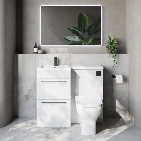 Napoli 390 Gloss White 1000mm 2 Drawer Vanity Unit Toilet Suite with Left Hand Square Lucia Basin - 1000mm - Gunmetal Grey 320mm HandleWith Kingston Toilet Pan and Seat