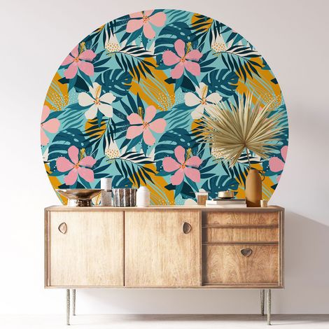 Sticker mural rond / cercle - Motif floral - Diamètre 30 cm - Adhésif + Protection MATE (1/3)