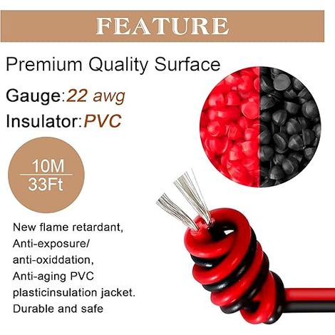 22AWG 0.35mm² 2-Core PVC Cable Red/Black, 10 m Red/Black Tinned Copper Multistrand Cable for LED Strips, Electronics and Low Voltage Circuits 12V/24V (1/4)