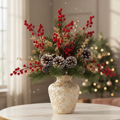 Ramo artificiale con bacche rosse e agrifoglio oro per decorazioni natalizie, da 60 cm (1/4)