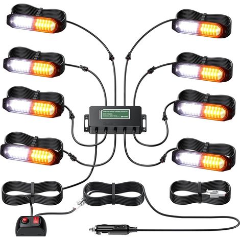 8X 12 LED Feu Clignotant Avant 30 Modes Lumière d'Avertissement Stroboscope Llignotant LED Orange 48W IP65 12/24V pour Camion Tracteur Véhicule Avertissement d'Urgence E9 Orange (1/5)