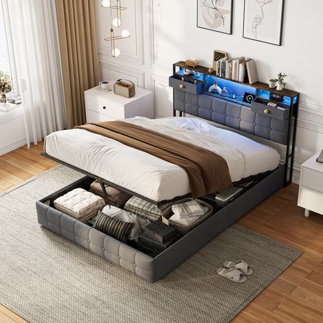 Doppelbett 160x200 mit bettkasten, Polsterbett mit LED-Beleuchtung und USB Ladeanschluss, Bettgestell 160x200 mit Hydraulisch Stauraum und Kopfteil, Jugendbett mit Lattenrost, Samt, Grau