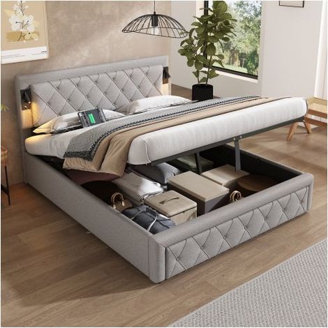 Lit Coffre - SOGEU - 160x200 - Tissu lin gris - Sommier à lattes - Tête de lit capitonnée LED & USB (1/5)