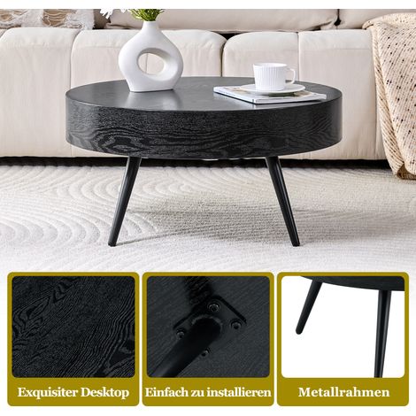 Table basse ronde 70 cm diamètre, finition bois noir MDF, pieds en métal noir, design minimaliste, parfaite pour salon et petits espaces. (1/5)