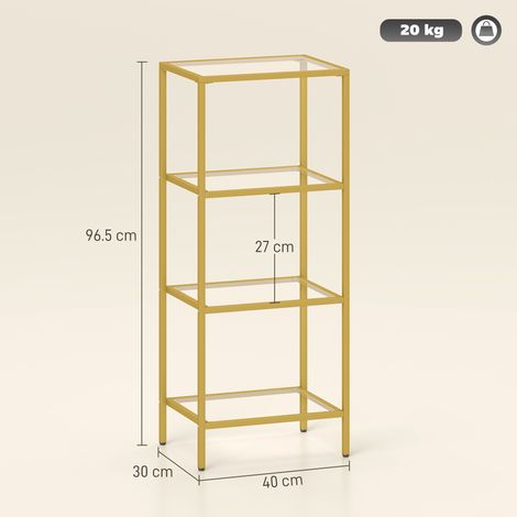 Design minimaliste, étagère à 4 niveaux en métal et verre trempé, 40x30x96,5 cm, couleur or. (1/5)