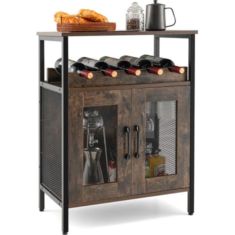 Industrial Wine Bar Cabinet Kitchen Storage Sideboard W/ Wine Rack Glass Holders (1/5)
