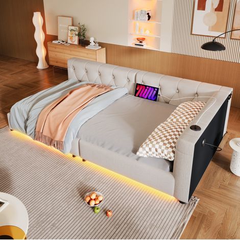 Bett Tagesbett USB Ladefunktion 90x200 Leinen Beige OKMYHOME (1/5)