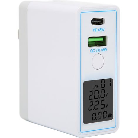 Chargeur mural USB-C PD QC 3.0 à 2 ports, chargeur rapide, AC100-240V avec bouton-poussoir et affichage, chargeur portable avec prise américaine. (1/5)