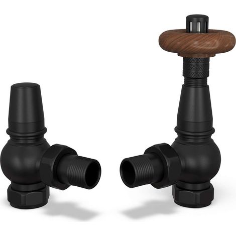Derry Traditional - Black Thermostatic Radiator Valve & Lockshield Angled 15mm