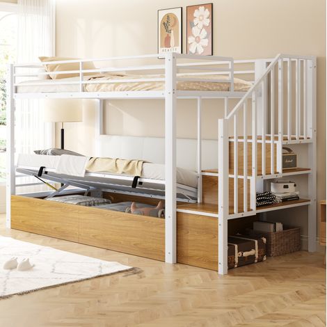 Letto a soppalco in metallo bianco 90 x 200 cm con scala e contenitori (1/5)