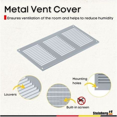1 - Grille D'Aération - Registre De Ventilation - En Métal Galvanisé Avec Moustiquaire Intégrée Pour Mur Et Plafond Gris 30x15cm (1/5)