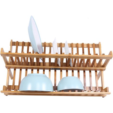 Escurridor de platos plegable de madera de dos niveles para fregadero, tendedero para secar platos y cubiertos, soporte de cocina