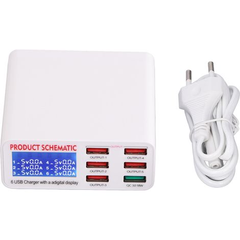 Station de charge USB 6 ports avec écran LCD numérique, identification automatique, prise EU 100-240V, pour bureau (1/5)