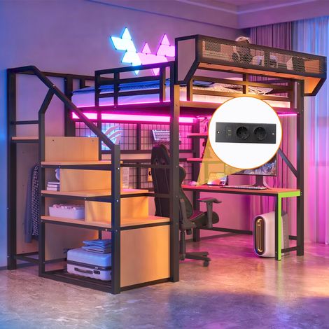 Cama alta infantil de 140x200 cm con iluminación LED, escritorio, estantes, toma de corriente y escalera de almacenamiento, metal negro