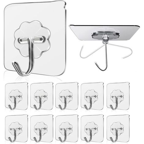 Ganci adesivi trasparenti autoadesivi da parete, portata massima 15 kg, ideali per appendere asciugamani in bagno, cucina, soffitto, porta o accappatoi (10 pezzi). (1/5)