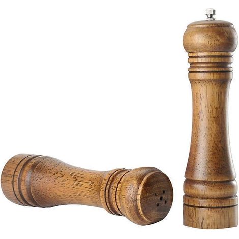 Lot de 2 pots à sel et épices en bois, moulin à poivre manuel, outil de cuisine (8 pouces) (1/5)