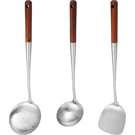 Lot de 3 Ustensiles de Cuisine en Acier Inoxydable 304 – Spatule à Frire, Cuillère et Écumoire avec Manche en Bois Massif – Ensemble Professionnel Résistant à la Chaleur pour Cuisson Saine-x (1/2)