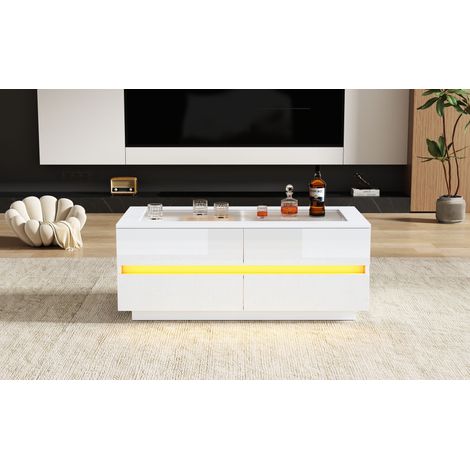 Table basse blanche en panneaux de particules avec 4 tiroirs, éclairage LED et plateau en verre trempé pour salon et séjour (1/5)