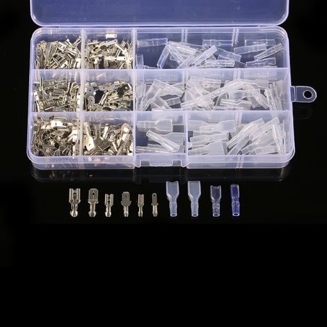Kit de 270 connecteurs à fourche mâles et femelles non isolés (2,8 mm, 4,8 mm et 6,3 mm) avec manchon isolant, pour borniers à sertir. (1/4)