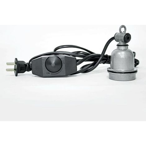 Luminaire chauffant réglable avec douille E27, base en céramique, contrôle de la température, abat-jour en métal argenté, cordon de 1,8 m et boîtier étanche.