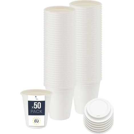50 gobelets jetables en bagasse, 400 ml avec couvercle 90 mm, biodégradables pour boissons chaudes et froides