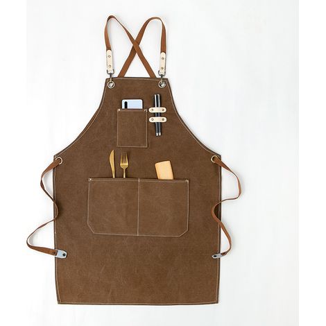 Tablier de chef unisexe avec grandes poches, tablier de travail en toile de coton, modèle 3 (1/5)