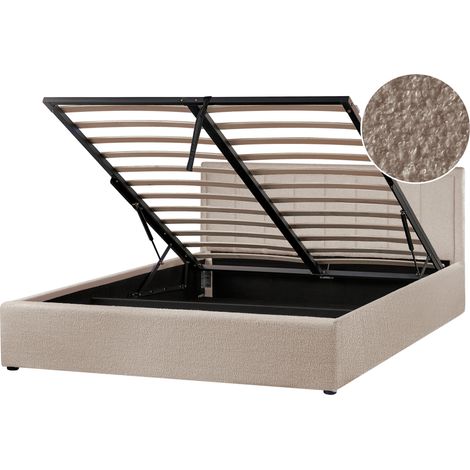 Cama con almacenaje elevable tapizada de bouclé gris pardo 160 x 200 cm Montlaur