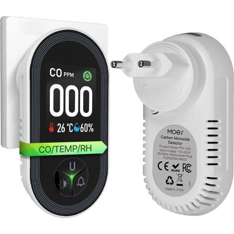 Détecteur de Monoxyde de Carbone avec Prise - Détecteur CO avec Capteur de Température & Humidité - Alarme Sonore pour Propane, Méthane, Éthane & CO - pour Maison et Caravane (1/5)