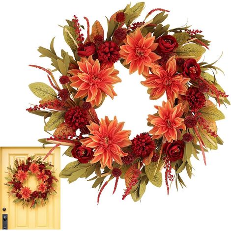 Couronne de Porte Automne,Couronne d'Hortensias Artificiels pour Extérieur Automnal Décoration Thanksgiving pour Intérieur Extérieur Mur - Porte Jardins Cheminée (1/5)